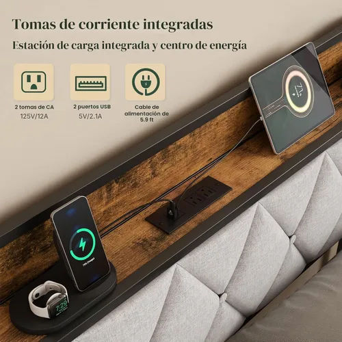 Vista 3 de Sweetcrispy Base de cama individual con cabecera tapizada, cabecera de almacenamiento con estación de carga USB, soporte de listones de metal
