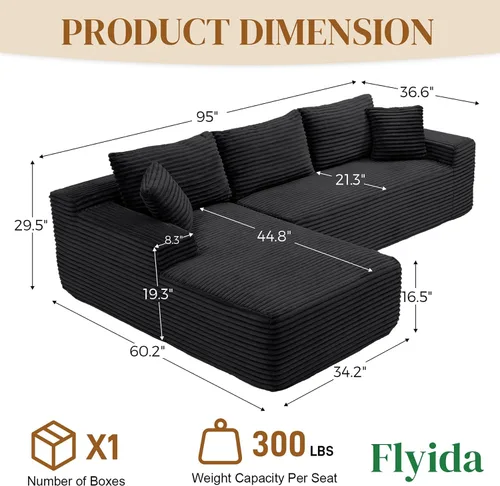 Vista 2 de Sofás seccionales de nube deshuesada de 95 pulgadas para sala de estar, cómodo y esponjoso sofá de espuma viscoelástica en forma de L, sofá modular