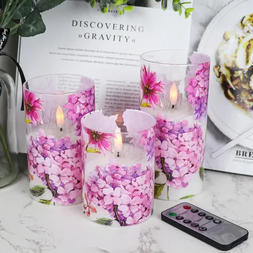 Vista 12 de Velas recargables de vidrio de hortensias sin llama con temporizador remoto, funciona con pilas, velas LED parpadeantes de cera real, decoración