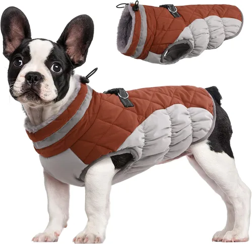 Vista 14 de Abrigo para perro, chaqueta cálida de invierno, acolchada, de vellón, chaleco reflectante con arnés, chaqueta de nieve impermeable con cremallera, a