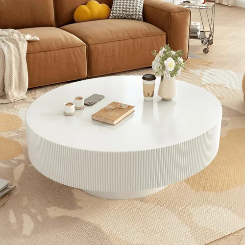 Vista 3 de Merax - Mesa de centro redonda moderna con base resistente, color blanco Mesa central de madera para sala de estar, oficina, recepción, fácil