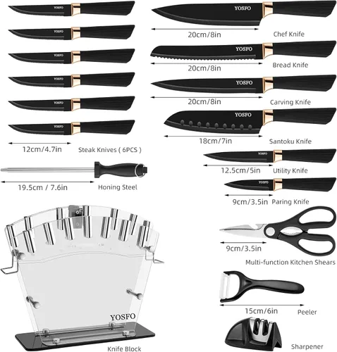 Vista 2 de Juego de cuchillos de cocina con bloque y afilador, juego de 17 cuchillos de acero inoxidable incluye juego de cuchillos de carne dentados