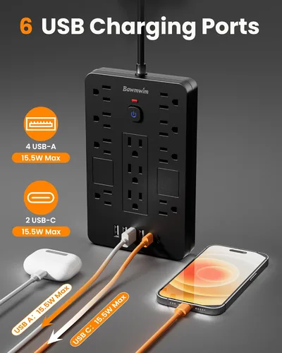 Vista 5 de Regleta de alimentación con protector de sobretensión - 11 tomas de corriente (1850 W/15 A) con 6 puertos USB (2 USB C), extensión de enchufe plano