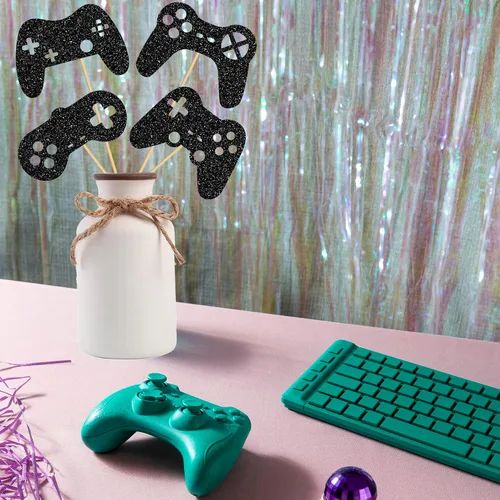 Vista 8 de Suministros para fiestas de videojuegos, centro de mesa, 14 unidades, decoración de mesa de fiesta negra con purpurina para juegos de niños