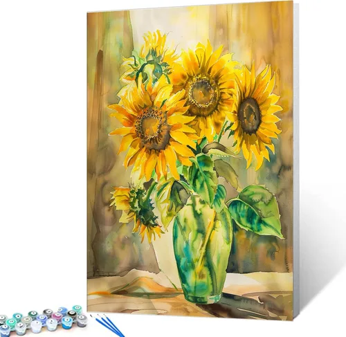 Vista 9 de Tucocoo Pintura de girasoles para ventana por números para adultos, kits de pintura al óleo digital sobre lienzo con pinceles y pigmento acrílico