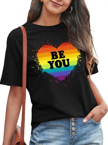 Vista 3 de Camisa de arcoíris para mujer, camiseta de orgullo con estampado de arco iris, camisetas casuales de manga corta Beyou-negro