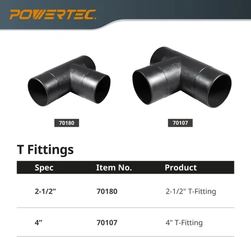 Vista 6 de POWERTEC 70107V 4" T-Fitting para manguera de recolección de polvo, 1 paquete
