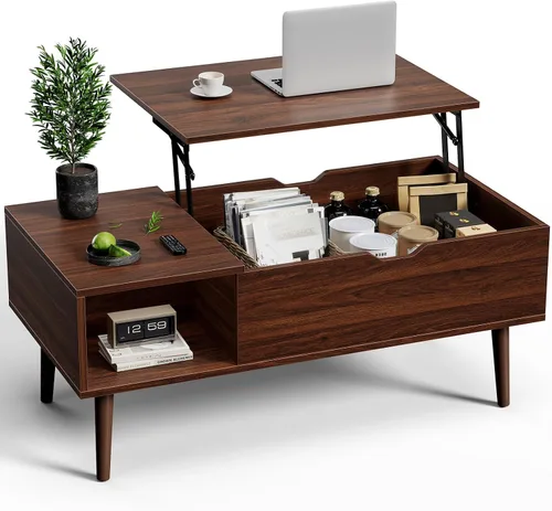 Vista 8 de OLIXIS Mesa de Centro de Café de Madera con Tapa Elevable con Compartimento Oculto y Estante de Almacenamiento Grande, Mesa de Comedor Central