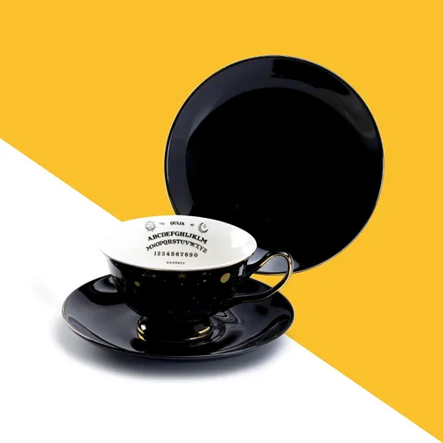 Vista 2 de Ouija Astrology - Taza de té y platillo de oro negro con ribete dorado para Halloween