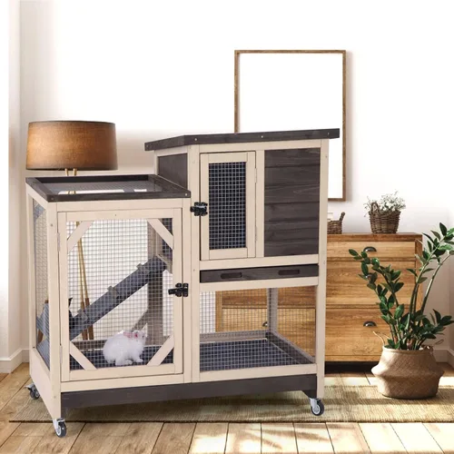 Vista 9 de Aivituvin Jaula de conejo para interiores con ruedas al aire libre de 2 pisos de madera de conejillo de indias con 2 bandejas extraíbles más