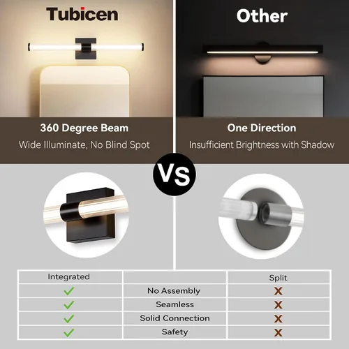 Vista 4 de Tubicen Luz de tocador lineal negra vertical LED luz de pared 360° iluminación completa 12W Horizontal baño tubo barra luz sobre espejo 25 pulgadas