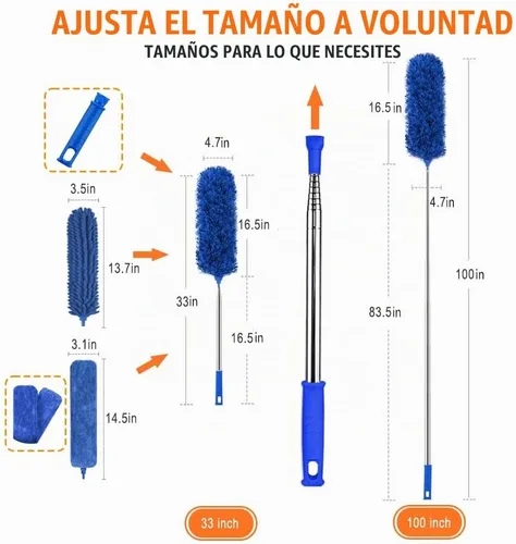 Vista 2 de Plumeros profesionales de microfibra para limpieza, 6 plumeros extensibles y flexibles con poste telescópico de 100 pulgadas, kit de limpieza