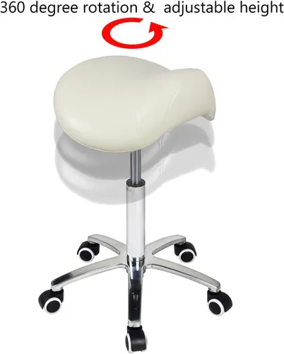 Vista 4 de Antlu Taburete Tipo Silla de Montar con Ruedas para Salón Médico de Pestañas Masaje Cocina Spa, Taburete Hidráulico Ajustable con Ruedas (Beige)
