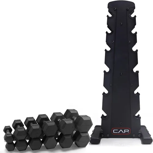 Vista 2 de CAP Barbell Rubber Coated Dumbbell Weight Set with Vertical Rack 100 lb, 150 lb, and 210 lb Options