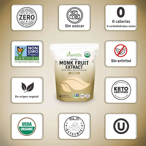 Vista 4 de Edulcorante orgánico de fruta de monje 100% puro Durelife, sin eritritol, extracto en polvo de fruta de monje, orgánico USDA verificado por