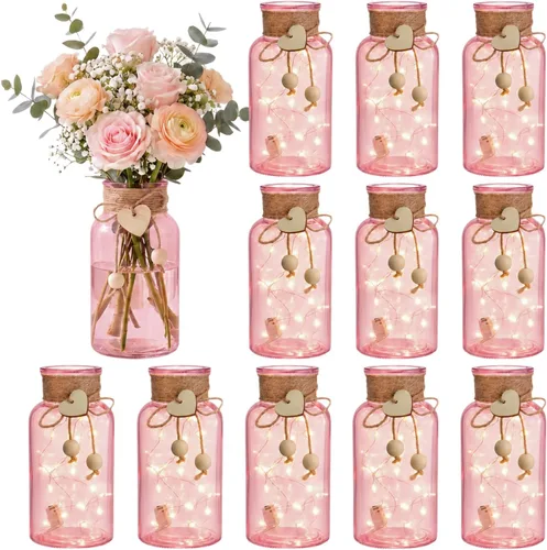 Vista 10 de Paquete de 12 jarrones Mason para centros de mesa, florero de cristal transparente para ramo, tarros decorativos rústicos de granja para decoración