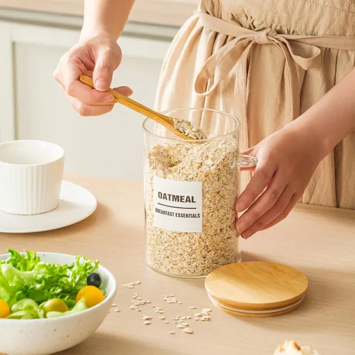Vista 2 de Paquete de 6 tarros de vidrio de 32 onzas con tapas de bambú, recipientes de almacenamiento de vidrio con tapas, tarro hermético transparente