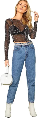 Vista 5 de Floerns Camiseta corta de manga larga con cuello alto falso transparente para mujer