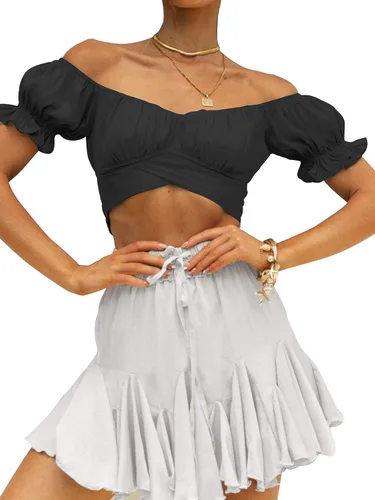 Vista 3 de LYANER - Blusa ombliguera para mujer de manga corta con volantes, nudo en la espalda y hombros descubiertos, blusa estilo Bardot