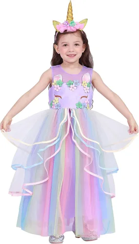 Vista 2 de FENGMAX Disfraz de unicornio para niñas pequeñas con diadema