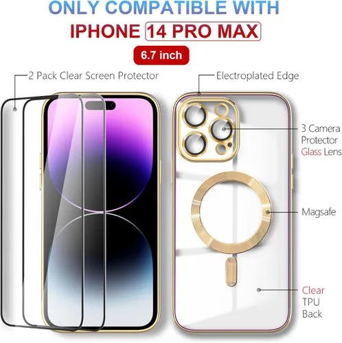 Vista 3 de Magsafe - Funda para iPhone 14 Pro Max, funda magnética transparente para teléfono con protector de pantalla y cubierta de cámara, funda galvanizada