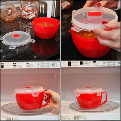 Vista 9 de Home-X Juego de 2 cuencos para microondas con tapa, tazón de ramen apto para microondas con ventilación de liberación de vapor y clips de fácil
