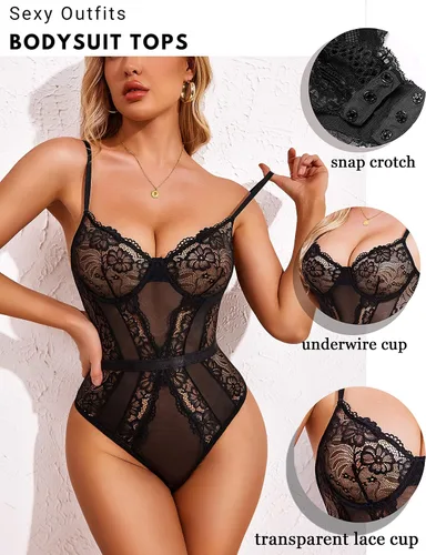 Vista 4 de Avidlove Body de lencería de encaje para mujer, con cierre de entrepierna, babydoll de una pieza con aros