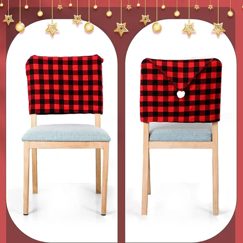 Vista 7 de Queekay 6 piezas de fundas traseras de silla de Navidad, protector de silla de comedor de Navidad con diseño de sombrero de Papá Noel, a cuadros