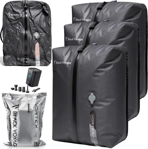 Vista 10 de Black Voyage - Bolsa de viaje reutilizable de compresión al vacío para maleta de mano y mochila, reciclada, impermeable IP67, ahorro de espacio Gris