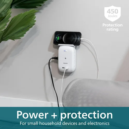 Vista 5 de Philips SPS6026WA/37 - Extensor de 6 tomas, 2 USB, adaptador de acceso lateral, grifo de pared, estante extraíble para dispositivos, luz indicadora