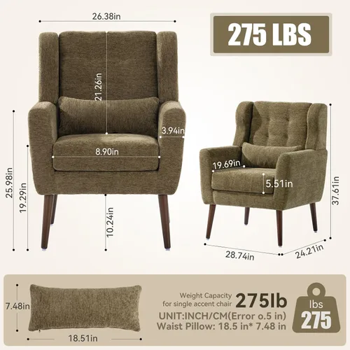 Vista 2 de Silla de Acento Moderna, Sillón Tapizado con Almohada, Sofá Individual de Tela con Asiento de Salón y Patas de Madera, Silla de Acento para Sala