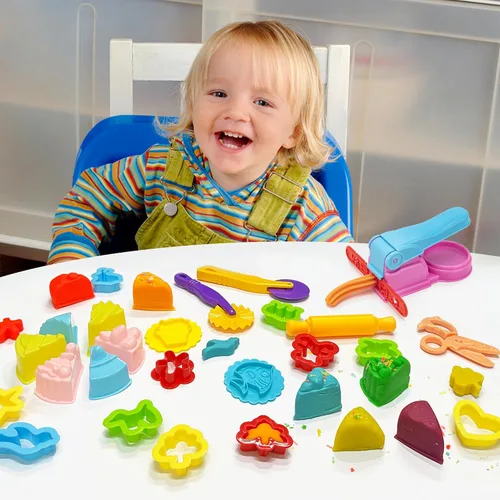 Vista 4 de Juego de herramientas de masa para niños, accesorios de juguete que incluyen sellos, cortador de tijera, moldes de extrusora de rodillos y caja