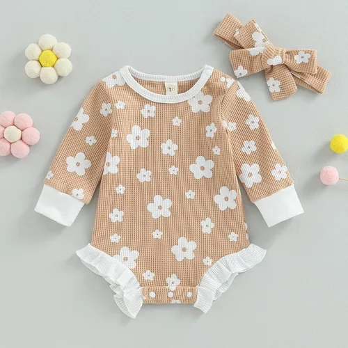 Vista 16 de Ropa de bebé recién nacida, sudadera floral de manga larga, mameluco con volantes, diadema de gofre, traje de otoño de una pieza
