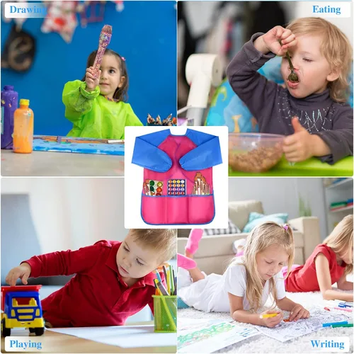 Vista 4 de NEBURORA 1 paquete de delantales de arte para niños impermeables con 3 bolsillos espaciosos, suministros de pintura para niños de 3 a 5 años