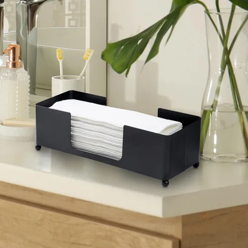Vista 4 de MyGift Soporte Moderno de Metal Negro Mate Comercial de Sobremesa para Toallas de Papel Plegadas, Bandeja Dispensadora de Servilletas Desechables