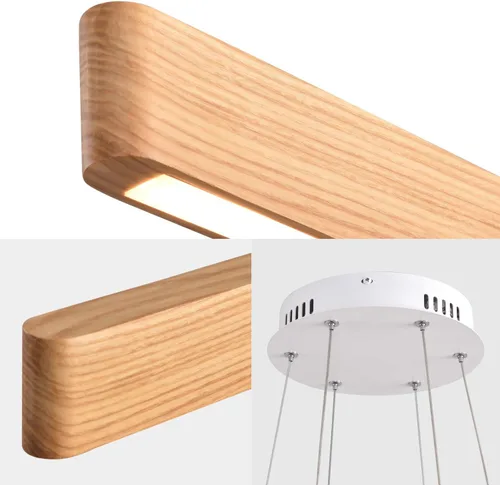 Vista 6 de Lámpara colgante lineal natural de madera maciza de 3 luces, moderna lámpara colgante LED regulable, candelabro para mesa de comedor, isla