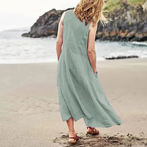 Vista 5 de Vestido largo para mujer, 2023, primavera, verano, algodón, lino, bohemio, casual, a la moda, sin mangas, para vacaciones
