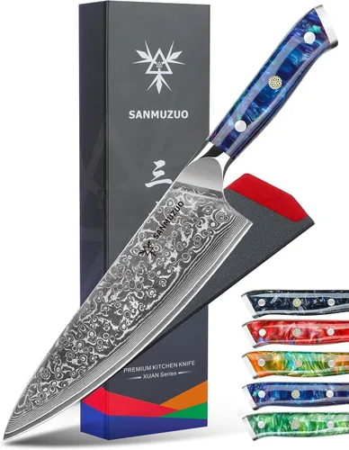 Vista 7 de Cuchillo de chef de 8 pulgadas, serie Xuan, VG10, cuchillo de cocina de acero Damasco, mango de resina (naranja fantasía)