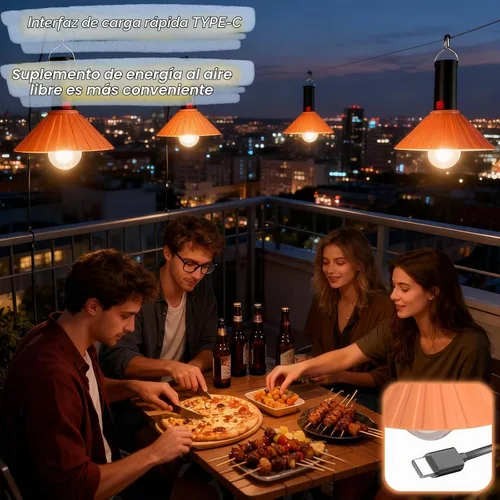 Vista 3 de Luz LED recargable para campamento, 3000 K blanco cálido, 3 modos de brillo, IPX6 impermeable, carga USB-C, gancho desmontable, luz portátil
