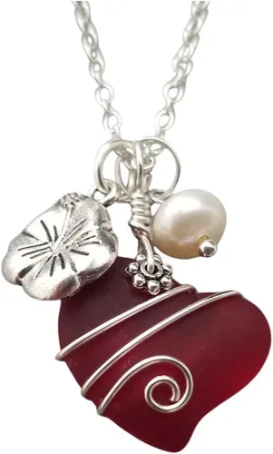 Vista 9 de Collar de cristal de mar hecho a mano, collar de corazón de alambre, collar de abalorios y perlas, joyería de cristal de mar, regalo de cumpleaños