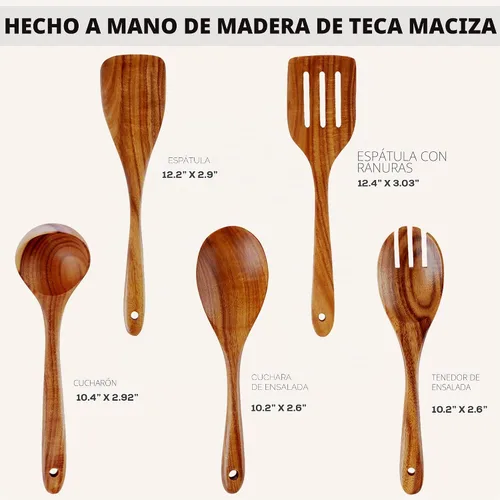 Vista 3 de Zulay Kitchen Juego de 5 cucharas de madera extragrandes - Utensilios de cocina de teca lisa - Cucharón, espátula, espumadera, tenedor, cuchara