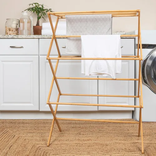 Vista 10 de Household Essentials Estante de secado de ropa plegable de bambú, estante de lavandería de lujo con 11 clavijas, respetuoso con el medio ambiente