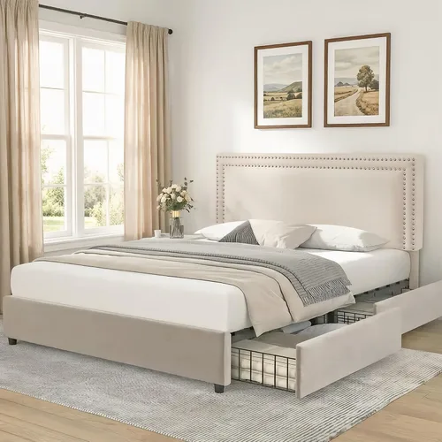 Vista 159 de VECELO Base de cama de plataforma de tamaño individual con cabecera tapizada de altura ajustable, base de colchón moderna, soporte de listones