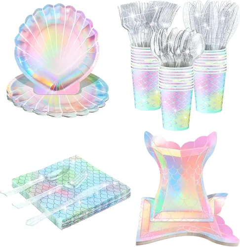 Vista 8 de 144 piezas de suministros para fiesta de sirenas, decoraciones temáticas de sirenas, juego de vajilla para fiesta bajo el mar, incluye platos