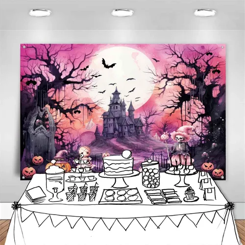 Vista 6 de Pancarta de fondo rosa de Halloween, bruja espeluznante, decoración de fiesta de cumpleaños de Halloween, fantasma rosa y negro, decoración de pared