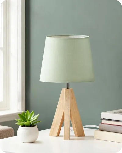 Vista 9 de Juego de 2 lámparas de mesa trípode pequeñas, lámpara moderna de mesita de noche con pantalla de tela, luz de escritorio de madera estilo bohemio