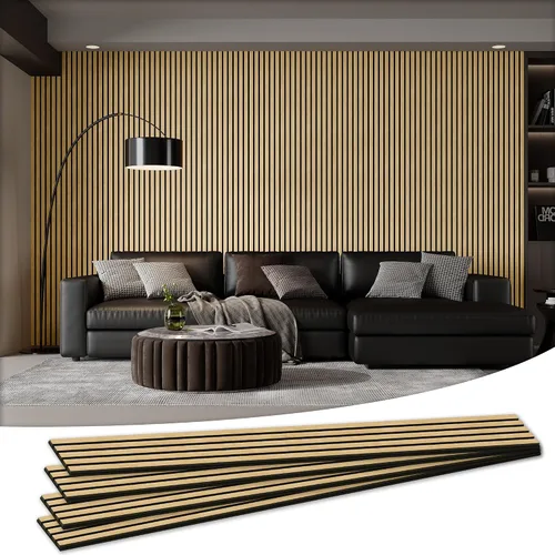 Vista 22 de Paquete de 4 paneles acústicos de pared de 105.9 x 12.6 x 0.8 pulgadas, absorbentes de sonido, paneles de pared de listones de madera para Teca