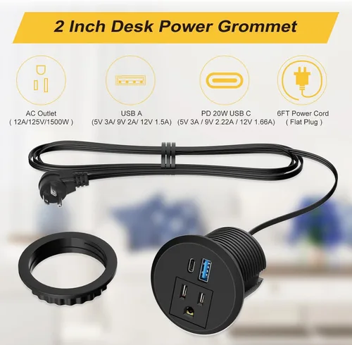 Vista 4 de Ojal de alimentación de escritorio de 2 pulgadas USB C PD de 20 W, enchufe de regleta de alimentación empotrada con enchufes de CA y 2 puertos