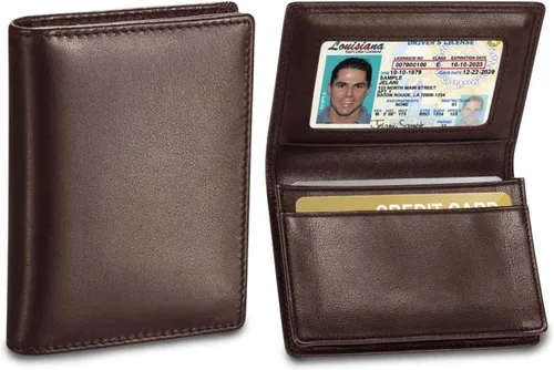 Vista 2 de Cartera de piel expandible para tarjetas de visita con bloqueo RFID para hombre, Marrón, Cartera de cuero para tarjetas