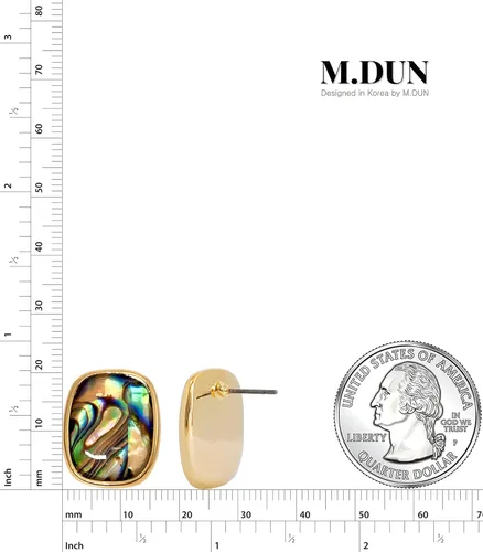 Vista 4 de Aretes de forma rectangular con bordes redondos. Diseño de piedra de resina de ámbar turquesa abulón, bisel chapado en oro real de 18 quilates